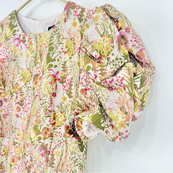 Clover and Sloane Pink Green Floral Print Jacquard Puff Sleeve Sheath Mini Dress - Picture 8 of 16